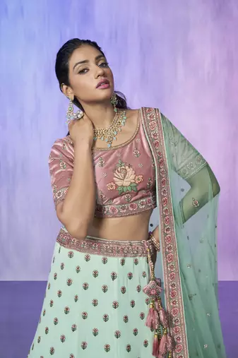 AQUA HEAVY EMBROIDERED GEORGETTE DESIGNER BRIDAL WEDDING & PARTY WEAR FESTIVAL SEMI STITCHED LEHENGA