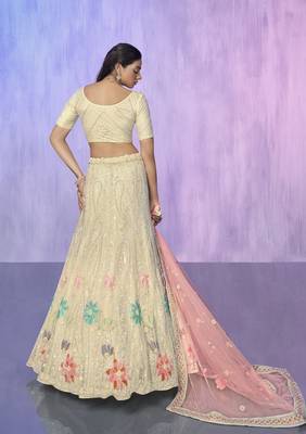 OFF WHITE HEAVY EMBROIDERED NET DESIGNER BRIDAL WEDDING & PARTY WEAR FESTIVAL SEMI STITCHED LEHENGA 5