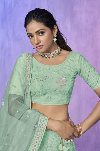AQUA HEAVY EMBROIDERED NET DESIGNER BRIDAL WEDDING & PARTY WEAR FESTIVAL SEMI STITCHED LEHENGA