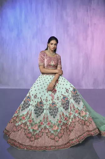 AQUA HEAVY EMBROIDERED GEORGETTE DESIGNER BRIDAL WEDDING & PARTY WEAR FESTIVAL SEMI STITCHED LEHENGA