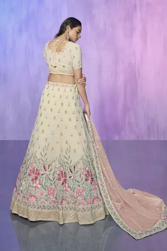 WHITE HEAVY EMBROIDERED GEORGETTE DESIGNER BRIDAL WEDDING & PARTY WEAR FESTIVAL SEMI STITCHED LEHENGA