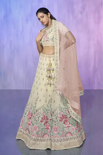 WHITE HEAVY EMBROIDERED GEORGETTE DESIGNER BRIDAL WEDDING & PARTY WEAR FESTIVAL SEMI STITCHED LEHENGA