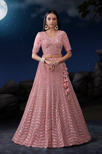 PINK SEQUINS & DORI EMBROIDERED SOFT NET DESIGNER BRIDAL WEDDING & PARTY WEAR FESTIVAL SEMI STITCHED LEHENGA