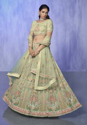 GREEN HEAVY EMBROIDERED NET DESIGNER BRIDAL WEDDING & PARTY WEAR FESTIVAL SEMI STITCHED LEHENGA 4
