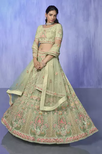 GREEN HEAVY EMBROIDERED NET DESIGNER BRIDAL WEDDING & PARTY WEAR FESTIVAL SEMI STITCHED LEHENGA