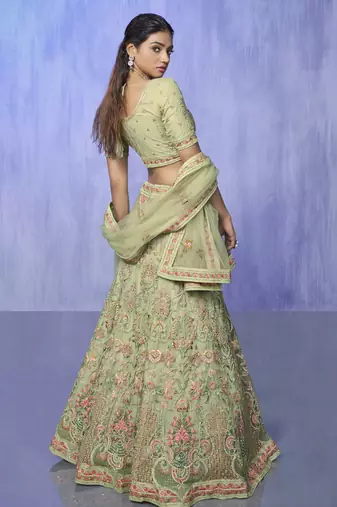 GREEN HEAVY EMBROIDERED NET DESIGNER BRIDAL WEDDING & PARTY WEAR FESTIVAL SEMI STITCHED LEHENGA