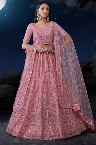 PINK SEQUINS & THREAD EMBROIDERED SOFT NET DESIGNER BRIDAL WEDDING & PARTY WEAR FESTIVAL SEMI STITCHED LEHENGA