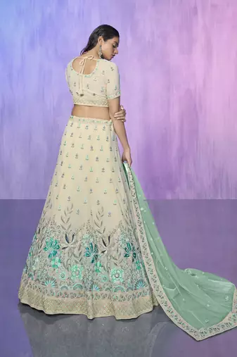 WHITE HEAVY EMBROIDERED GEORGETTE DESIGNER BRIDAL WEDDING & PARTY WEAR FESTIVAL SEMI STITCHED LEHENGA