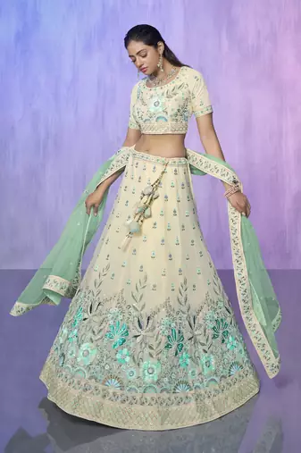 WHITE HEAVY EMBROIDERED GEORGETTE DESIGNER BRIDAL WEDDING & PARTY WEAR FESTIVAL SEMI STITCHED LEHENGA