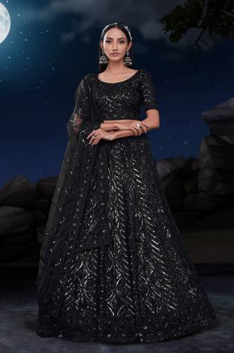 BLACK SEQUINS & THREAD EMBROIDERED SOFT NET DESIGNER BRIDAL WEDDING & PARTY WEAR FESTIVAL SEMI STITCHED LEHENGA