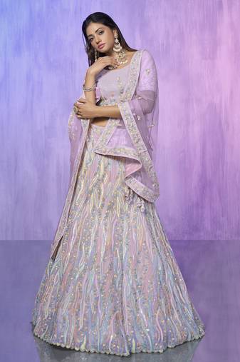 LAVENDER HEAVY EMBROIDERED ORGANZA DESIGNER BRIDAL WEDDING & PARTY WEAR FESTIVAL SEMI STITCHED LEHENGA