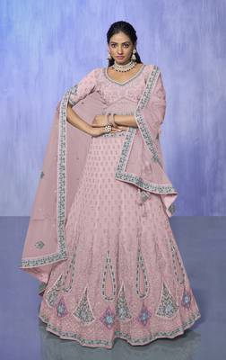 PINK HEAVY EMBROIDERED GEORGETTE DESIGNER BRIDAL WEDDING & PARTY WEAR FESTIVAL SEMI STITCHED LEHENGA 1