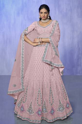 PINK HEAVY EMBROIDERED GEORGETTE DESIGNER BRIDAL WEDDING & PARTY WEAR FESTIVAL SEMI STITCHED LEHENGA