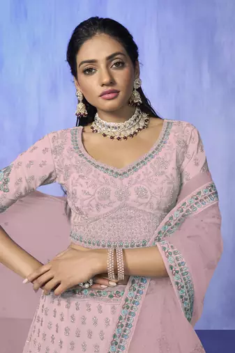 PINK HEAVY EMBROIDERED GEORGETTE DESIGNER BRIDAL WEDDING & PARTY WEAR FESTIVAL SEMI STITCHED LEHENGA