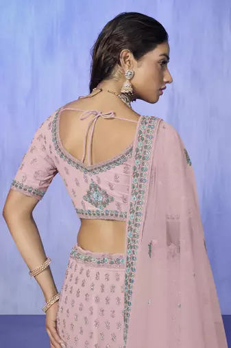 PINK HEAVY EMBROIDERED GEORGETTE DESIGNER BRIDAL WEDDING & PARTY WEAR FESTIVAL SEMI STITCHED LEHENGA