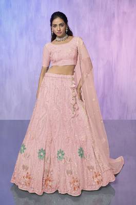PEACH HEAVY EMBROIDERED NET DESIGNER BRIDAL WEDDING & PARTY WEAR FESTIVAL SEMI STITCHED LEHENGA 1