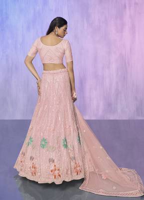PEACH HEAVY EMBROIDERED NET DESIGNER BRIDAL WEDDING & PARTY WEAR FESTIVAL SEMI STITCHED LEHENGA 3