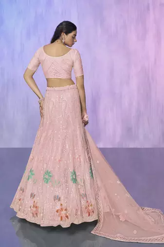 PEACH HEAVY EMBROIDERED NET DESIGNER BRIDAL WEDDING & PARTY WEAR FESTIVAL SEMI STITCHED LEHENGA