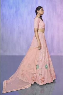 PEACH HEAVY EMBROIDERED NET DESIGNER BRIDAL WEDDING & PARTY WEAR FESTIVAL SEMI STITCHED LEHENGA 4