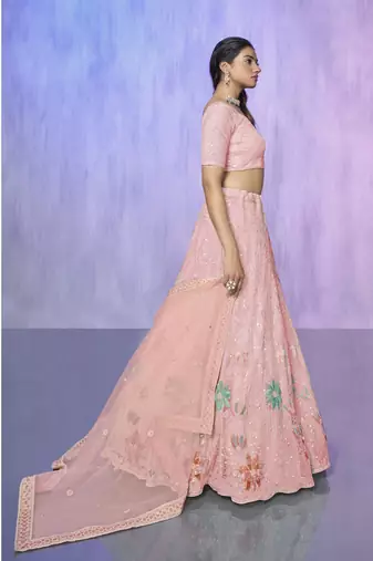 PEACH HEAVY EMBROIDERED NET DESIGNER BRIDAL WEDDING & PARTY WEAR FESTIVAL SEMI STITCHED LEHENGA