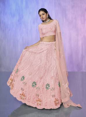 PEACH HEAVY EMBROIDERED NET DESIGNER BRIDAL WEDDING & PARTY WEAR FESTIVAL SEMI STITCHED LEHENGA 5