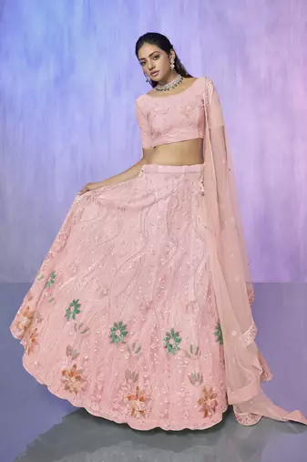 PEACH HEAVY EMBROIDERED NET DESIGNER BRIDAL WEDDING & PARTY WEAR FESTIVAL SEMI STITCHED LEHENGA