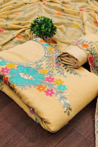Women's beige unstitched sequence work georgette dress material 