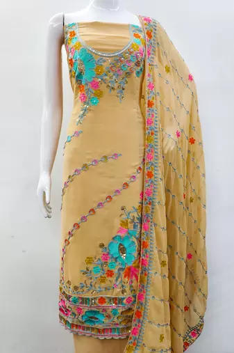 Women's beige sequence work georgette dress material