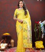 Womens New Soft Paithani Silk Lemon Yellow Color Gold Zari Woven Paithani Saree With Unstitched Matching Blouse