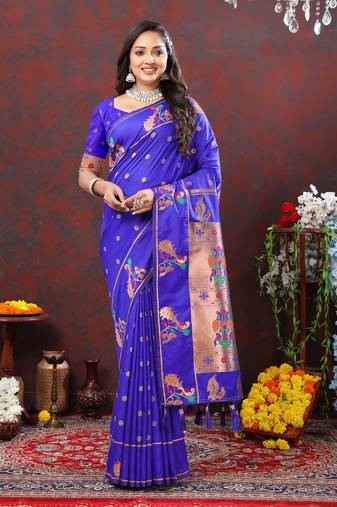Womens New Soft Paithani Silk Royal Blue Color Copper Zari Woven Paithani Saree With Unstitched Matching Blouse