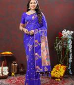 Womens New Soft Paithani Silk Royal Blue Color Copper Zari Woven Paithani Saree With Unstitched Matching Blouse
