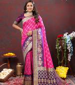 Lookslady Womens New Soft Silk Pink Color Woven Patola Saree With Unstitched Contrast Blouse