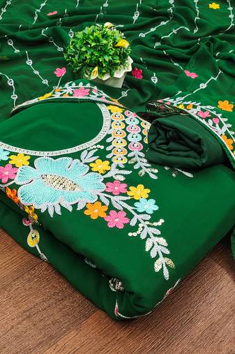 Women's green unstitched sequence work georgette dress material 