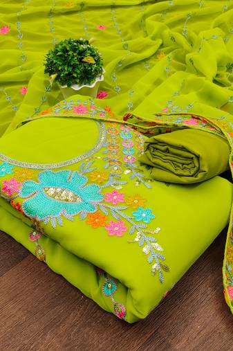 Women's light green unstitched sequence work georgette dress material 
