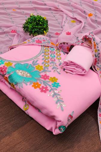 Women's pink unstitched sequence work georgette dress material 