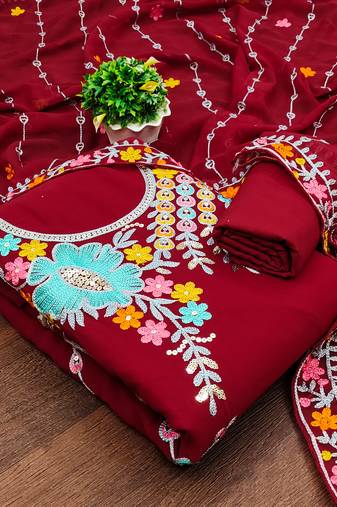 Women's red unstitched sequence work georgette dress material 