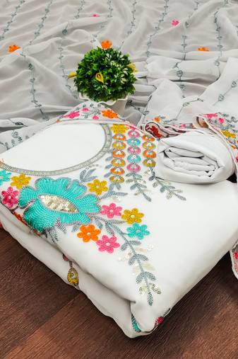 Women's white unstitched sequence work georgette dress material 