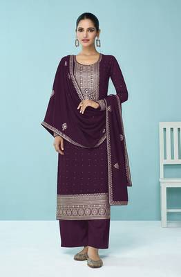 Dark purple embroidered georgette trendy salwar suit 1