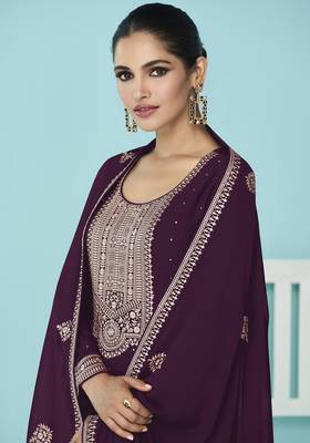 Dark purple embroidered georgette trendy salwar suit 2