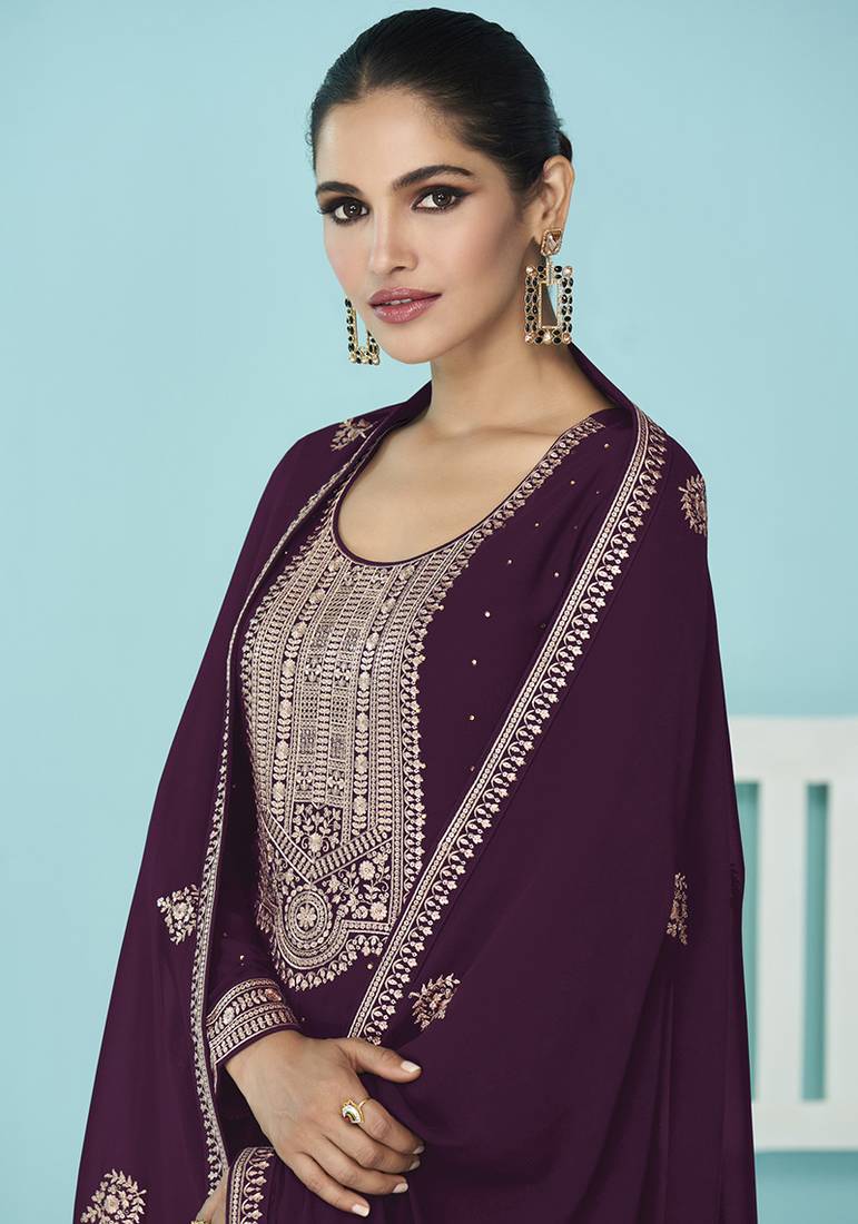 Dark purple embroidered georgette trendy salwar suit