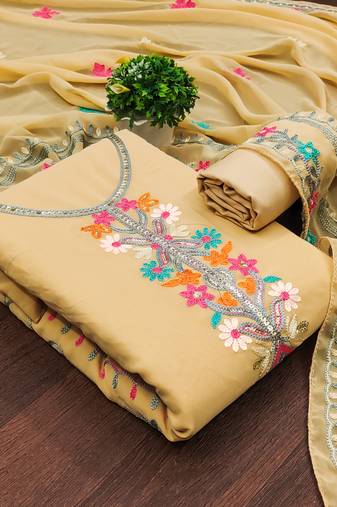 Women's beige unstitched sequence work georgette dress material 