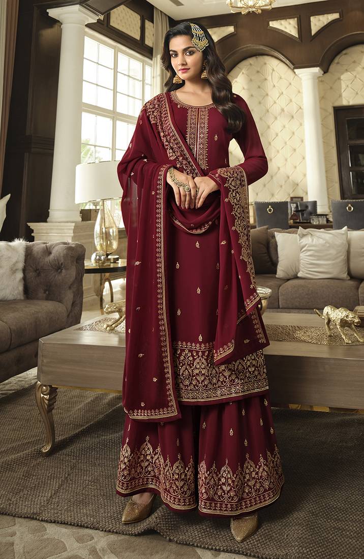Georgette embroidered dark magenta salwar kameez