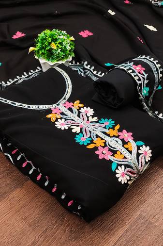 Women's black unstitched sequence work georgette dress material 