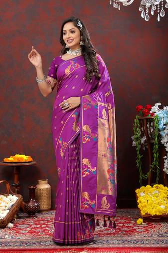 Lookslady Womens New Soft Paithani Silk Wine Color Copper Zari Woven Paithani Saree With Unstitched Matching Blouse
