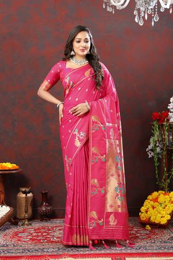 Lookslady Womens New Soft Paithani Silk Pink Color Copper Zari Woven Paithani Saree With Unstitched Matching Blouse