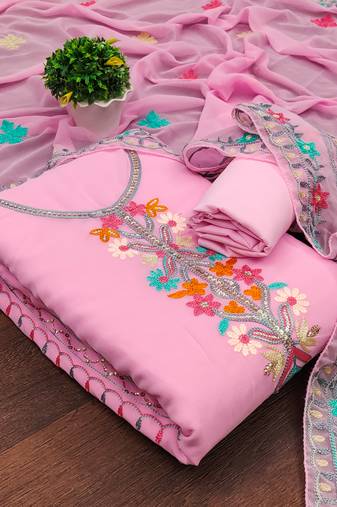 Women's pink unstitched sequence work georgette dress material 