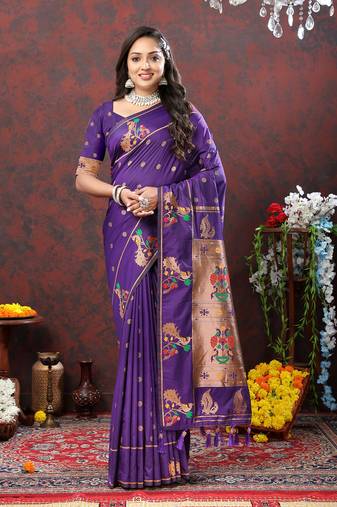 Lookslady Womens New Soft Paithani Silk Purple Color Copper Zari Woven Paithani Saree With Unstitched Matching Blouse