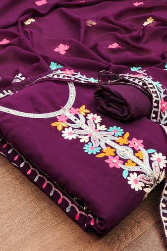 Women's purple unstitched sequence work georgette dress material 