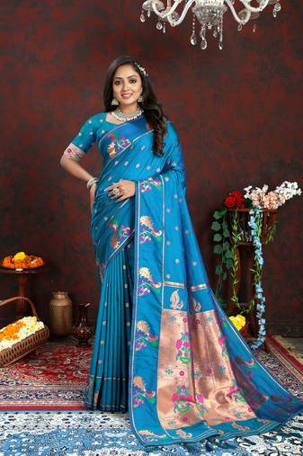 Lookslady Womens New Soft Paithani Silk Rama Color Copper Zari Woven Paithani Saree With Unstitched Matching Blouse