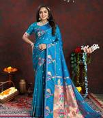 Lookslady Womens New Soft Paithani Silk Rama Color Copper Zari Woven Paithani Saree With Unstitched Matching Blouse